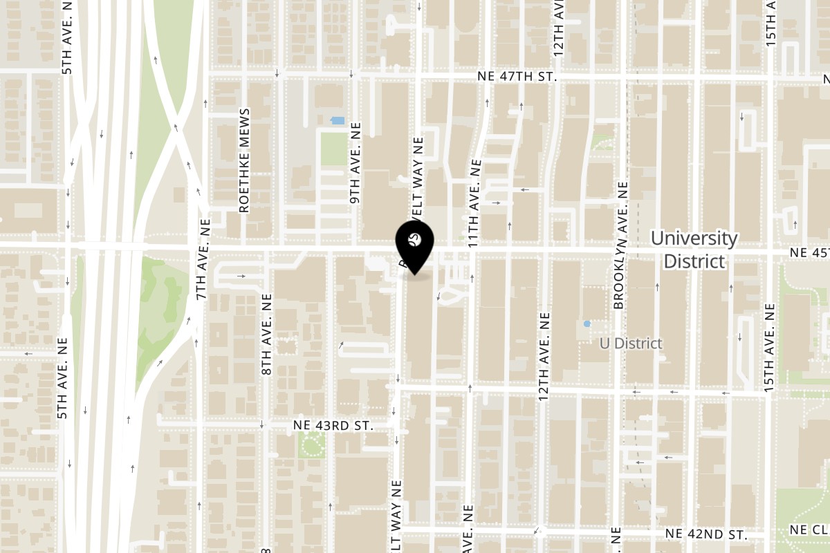 Map showing the location of Donut Factory University on 4336 Roosevelt Way NE Suite D in Seattle